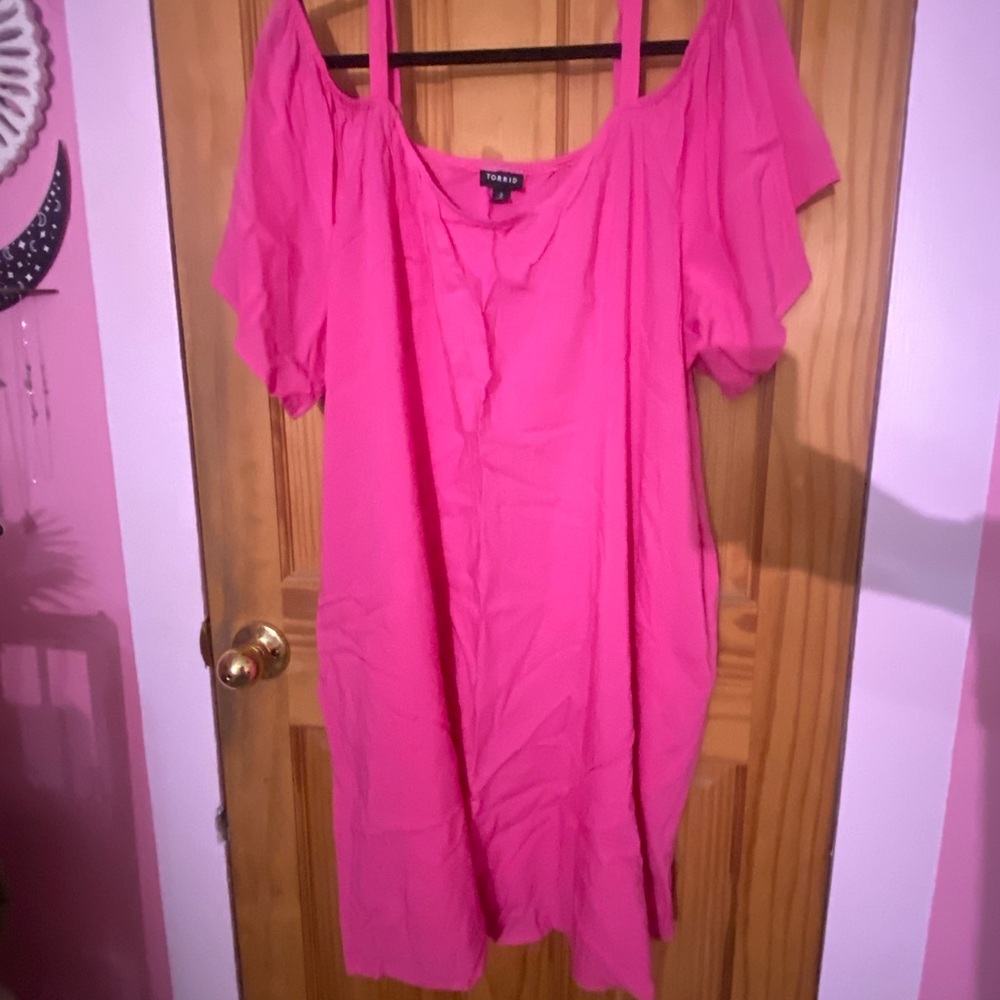 Torrid Bright Pink Dress/Cover Up -off shoulder - with pockets